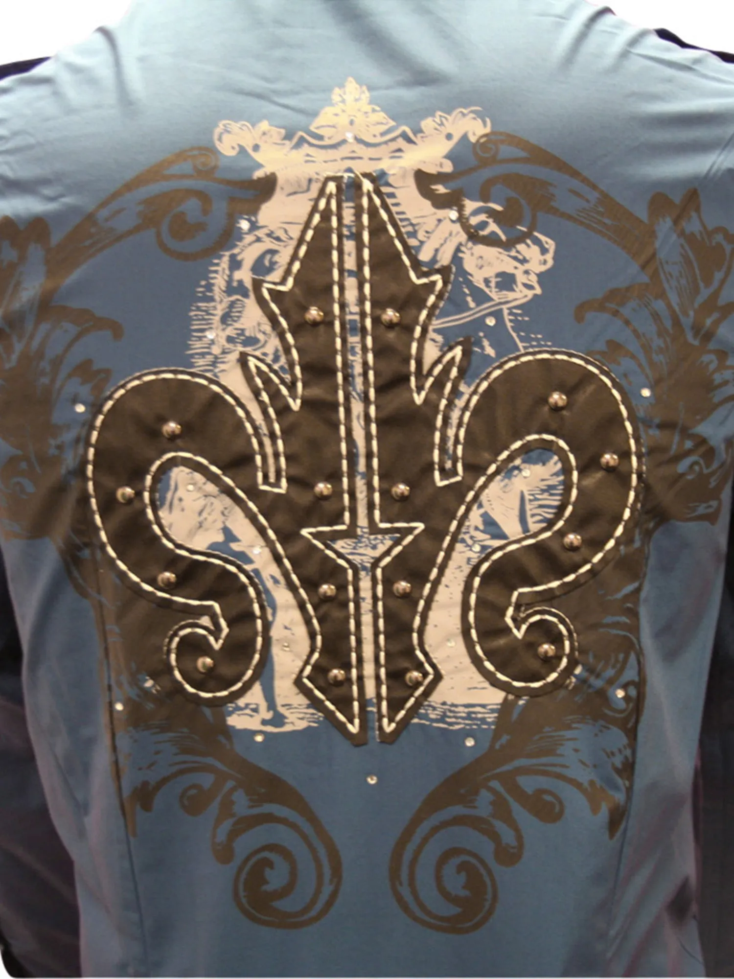 Blue Men's Long Sleeve Graphic Dress Shirt With Fleur De Lis Size Small