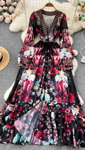 Bohemian Dress, Flower Chiffon Ruffles Dress, Deep V Neck Long Sleeve Floral Print Boho Dress