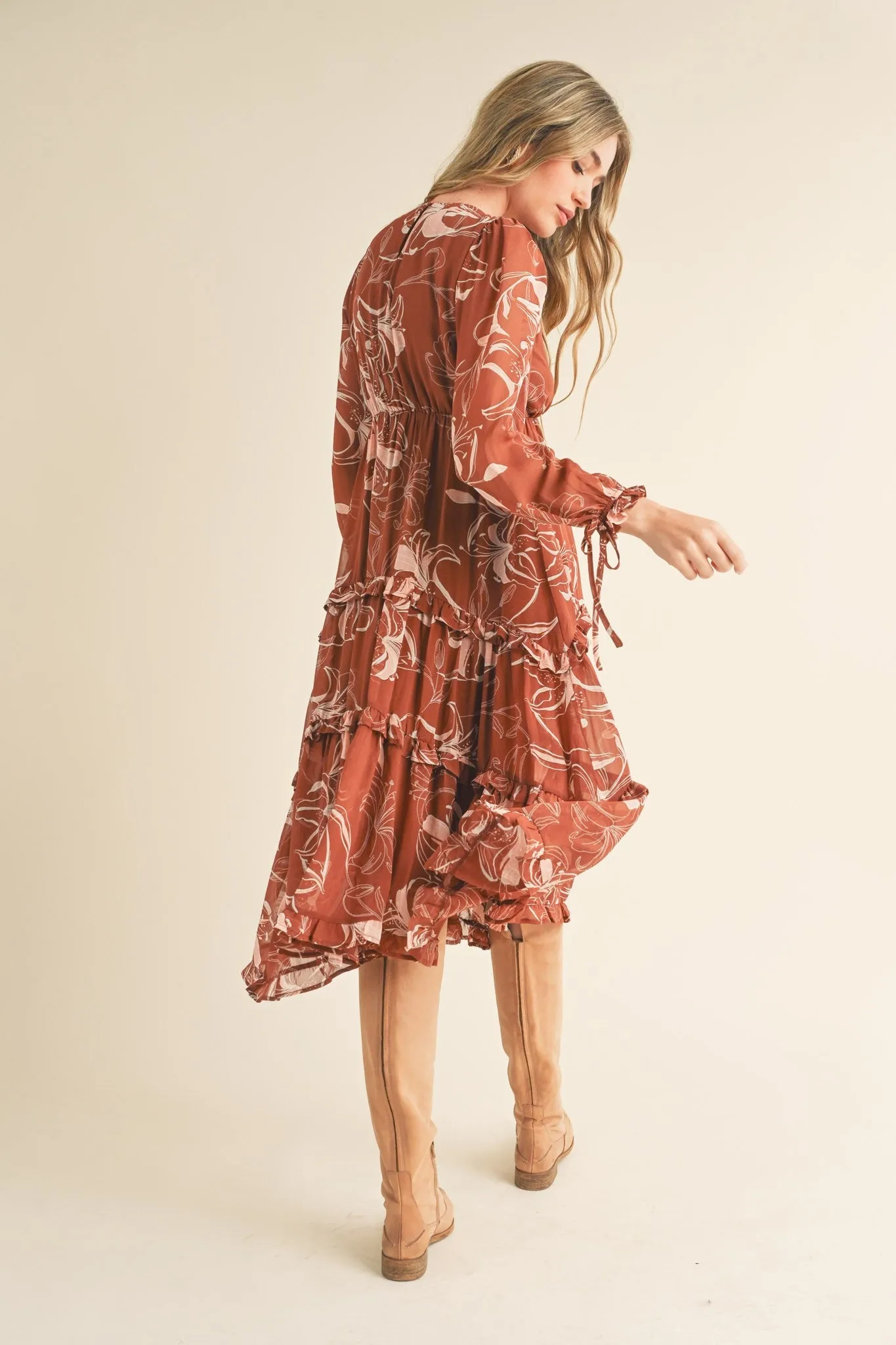 Brown and Pink Floral Empire Midi Dress