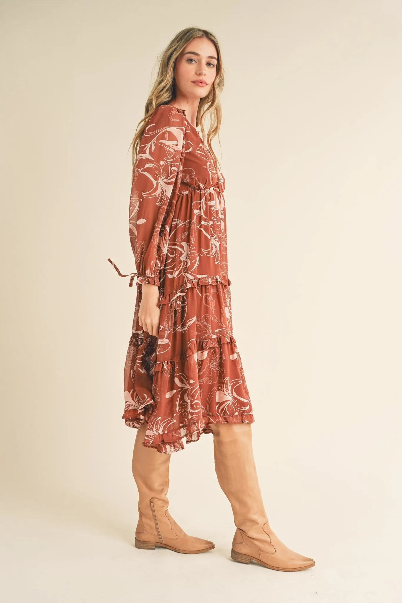 Brown and Pink Floral Empire Midi Dress