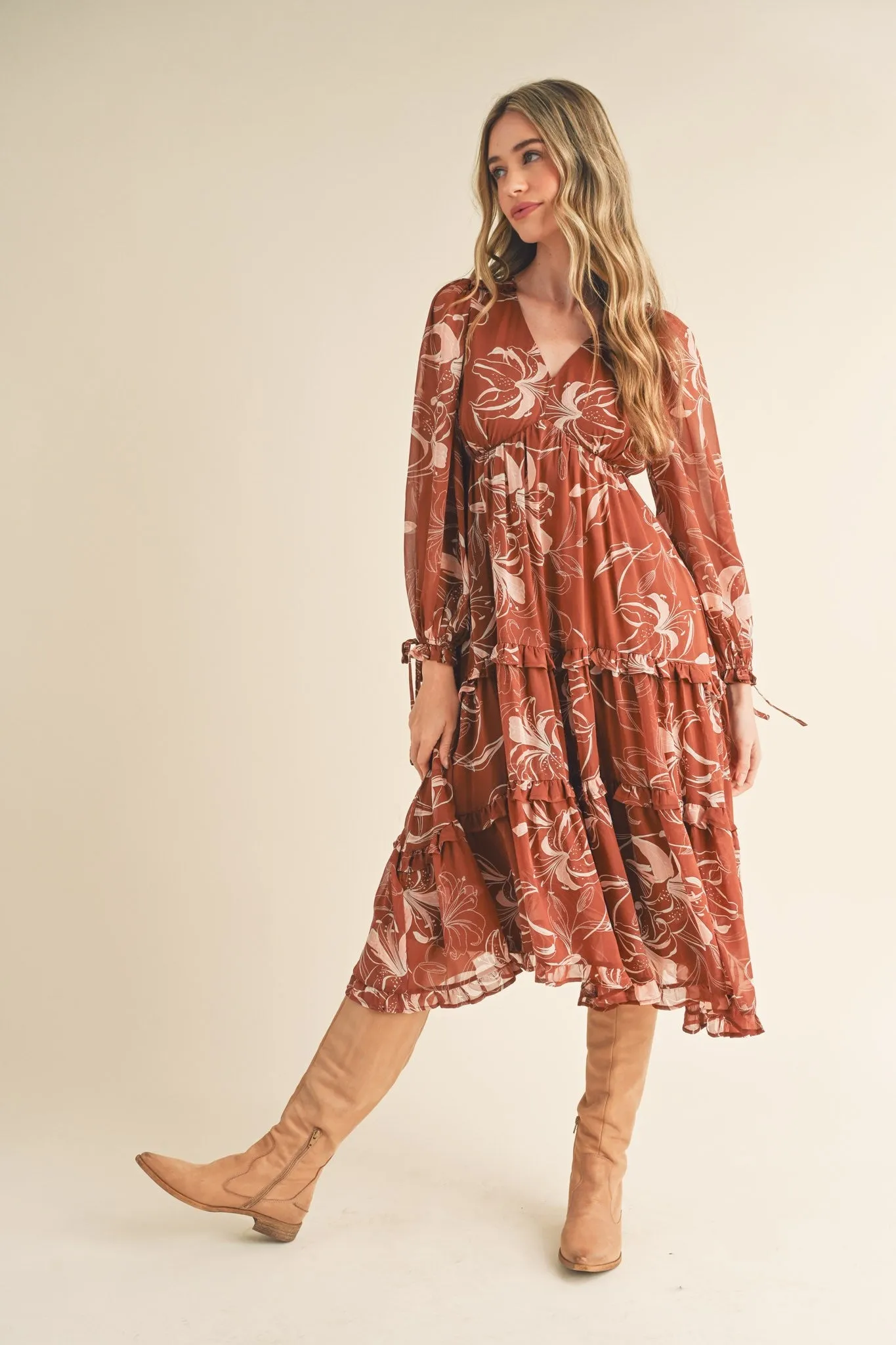 Brown and Pink Floral Empire Midi Dress