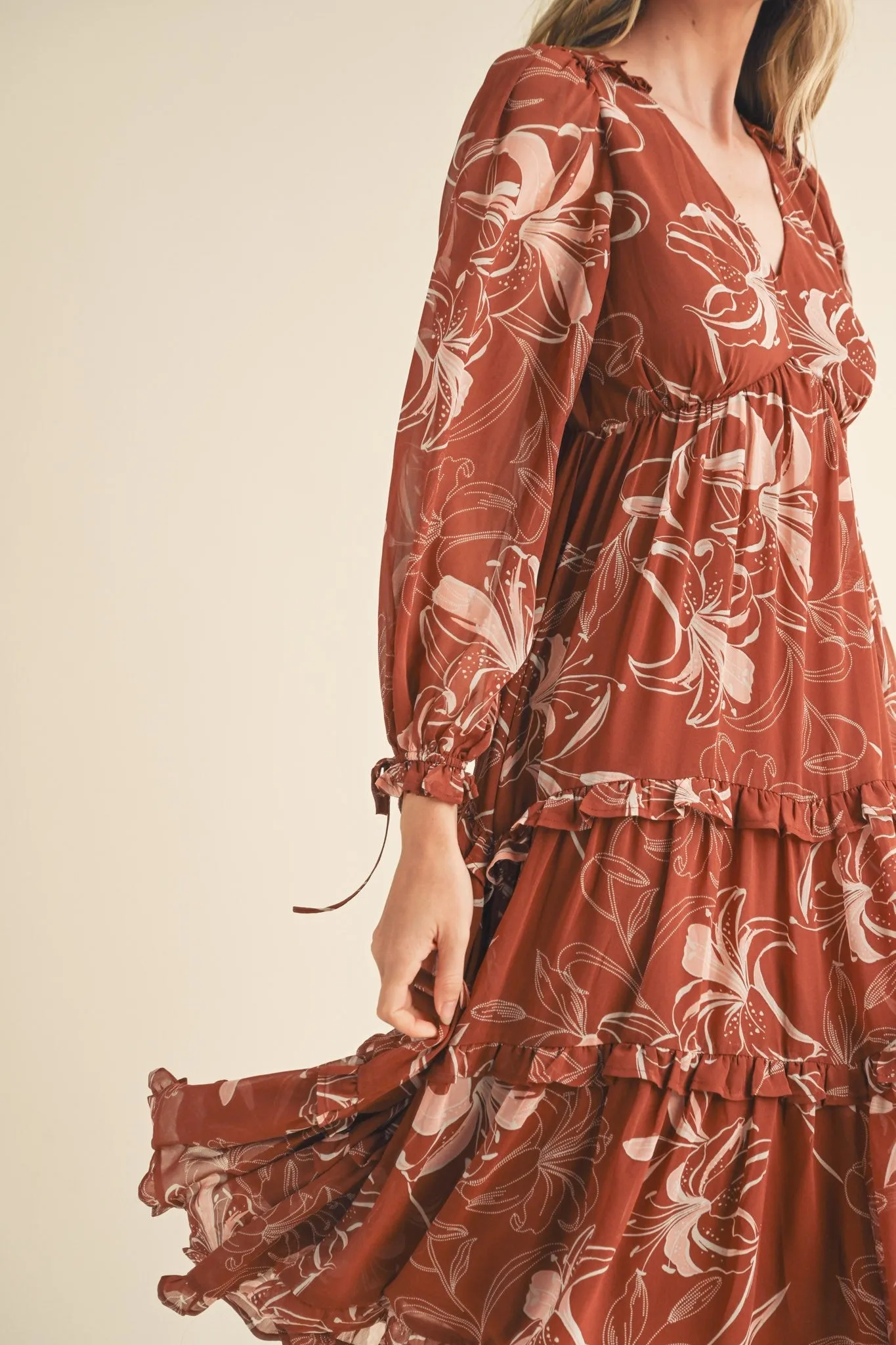 Brown and Pink Floral Empire Midi Dress