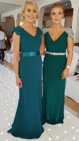 Caroline Green V Neck Laced Shoulder Cap Bridesmaids Dress