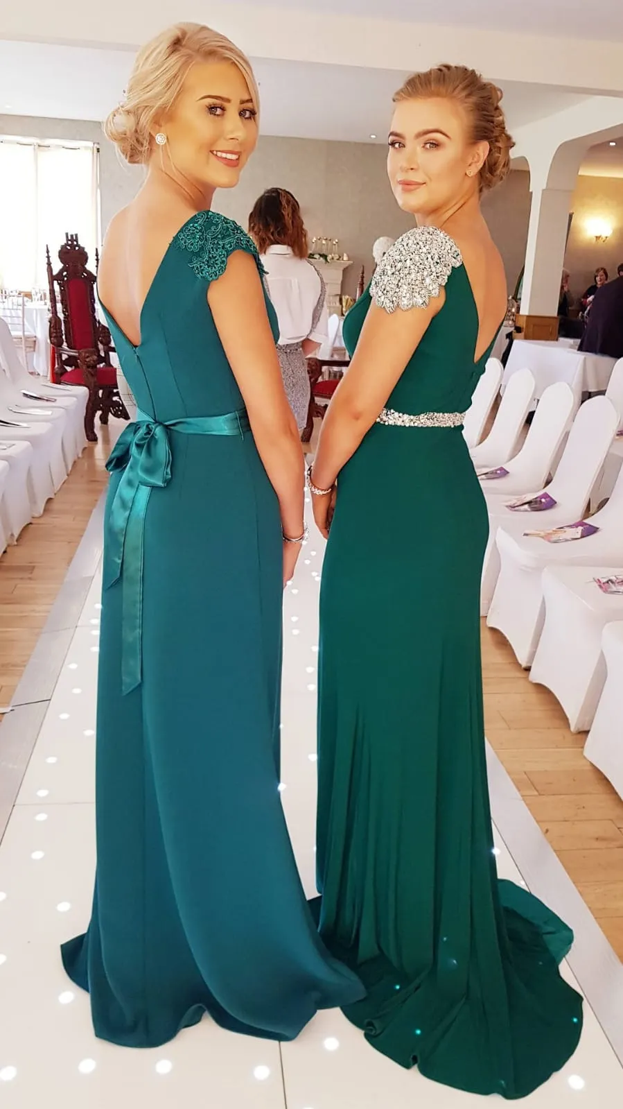 Caroline Green V Neck Laced Shoulder Cap Bridesmaids Dress