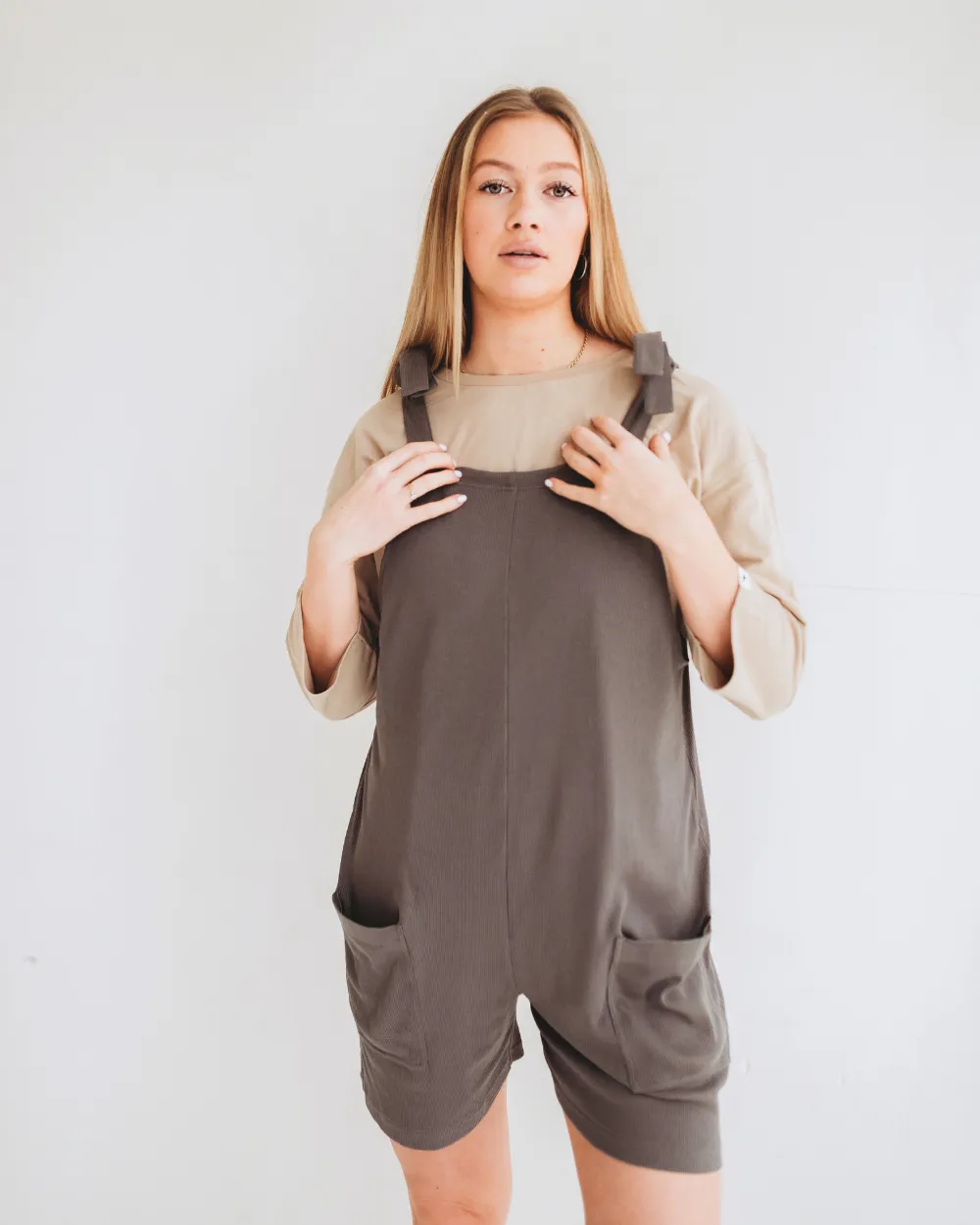 Charcoal Plain Rib Shortie Dungarees