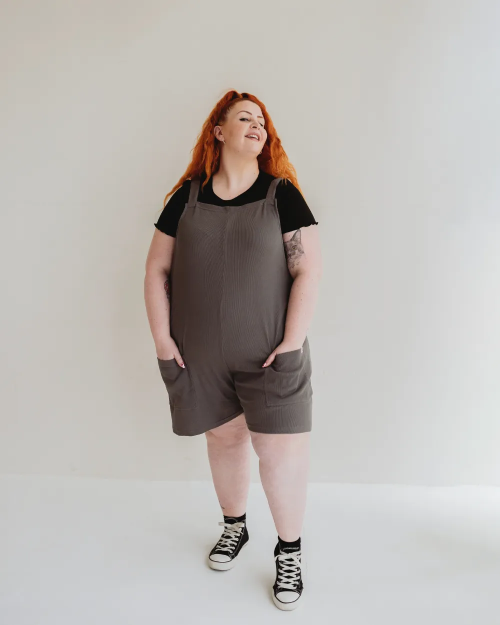 Charcoal Plain Rib Shortie Dungarees