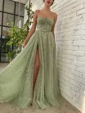 Chic A-line Strapless Glitter Long Prom Dresses Elegant Green Evening Dress sew0209