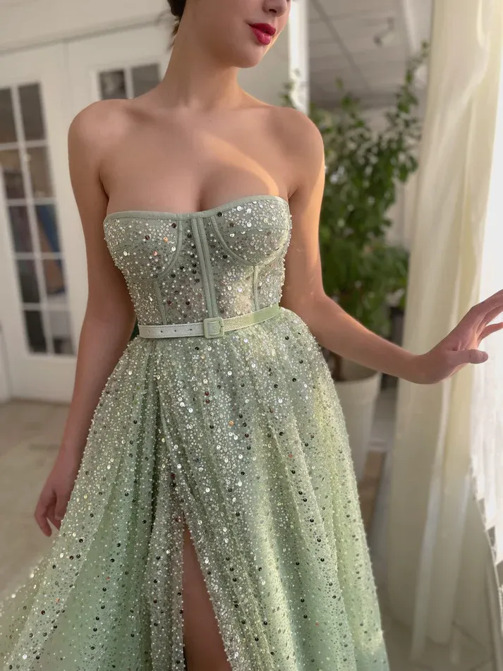 Chic A-line Strapless Glitter Long Prom Dresses Elegant Green Evening Dress sew0209