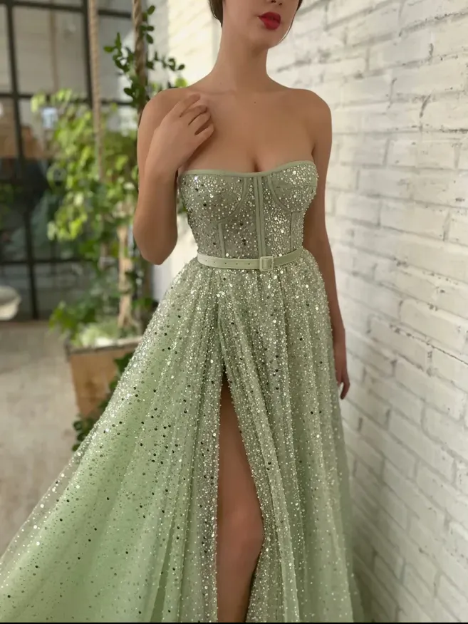 Chic A-line Strapless Glitter Long Prom Dresses Elegant Green Evening Dress sew0209