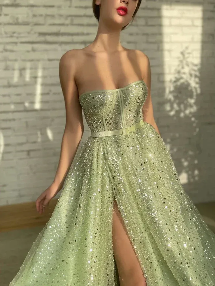 Chic A-line Strapless Glitter Long Prom Dresses Elegant Green Evening Dress sew0209