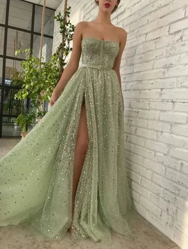 Chic A-line Strapless Glitter Long Prom Dresses Elegant Green Evening Dress sew0209