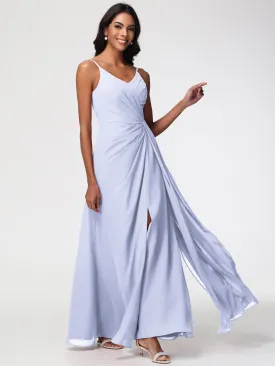 Chiffon Lavender Bridesmaid Dresses A-Line V-Neck Spaghetti Straps Ruched Chiffon Bridesmaid Dresses With Slit
