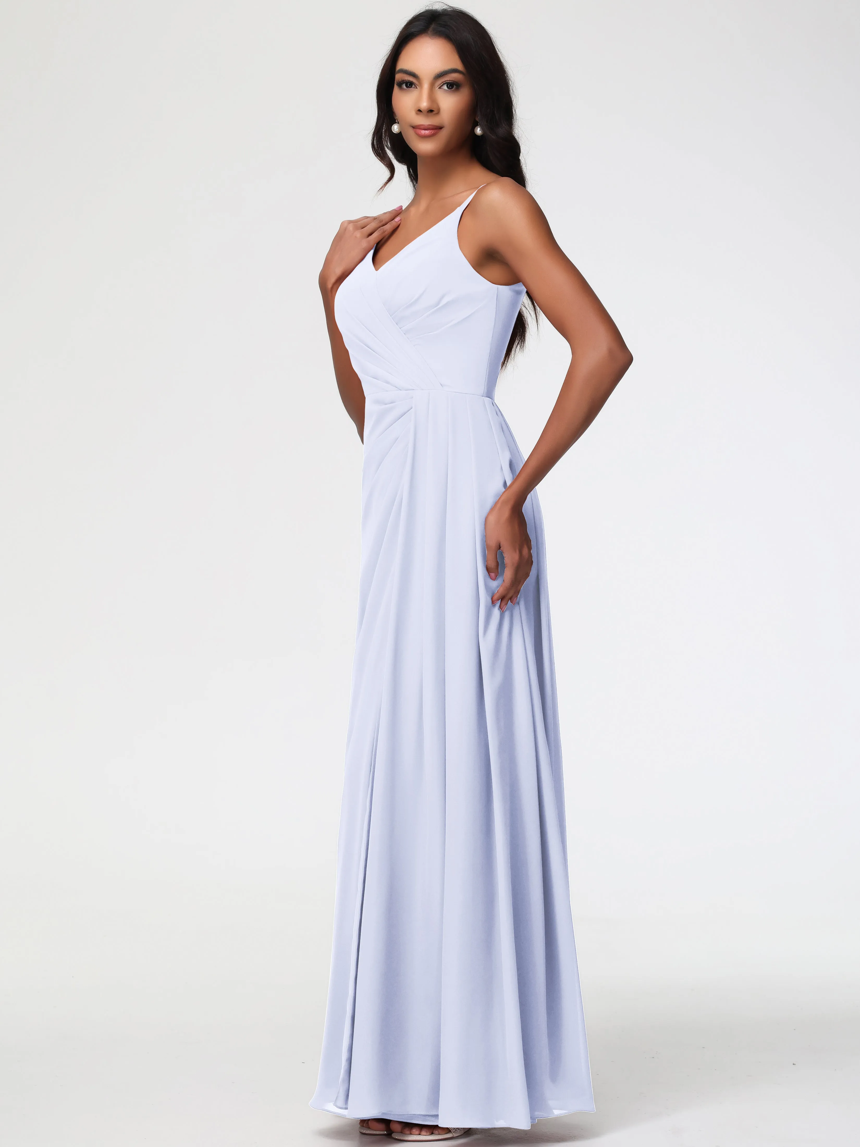 Chiffon Lavender Bridesmaid Dresses A-Line V-Neck Spaghetti Straps Ruched Chiffon Bridesmaid Dresses With Slit