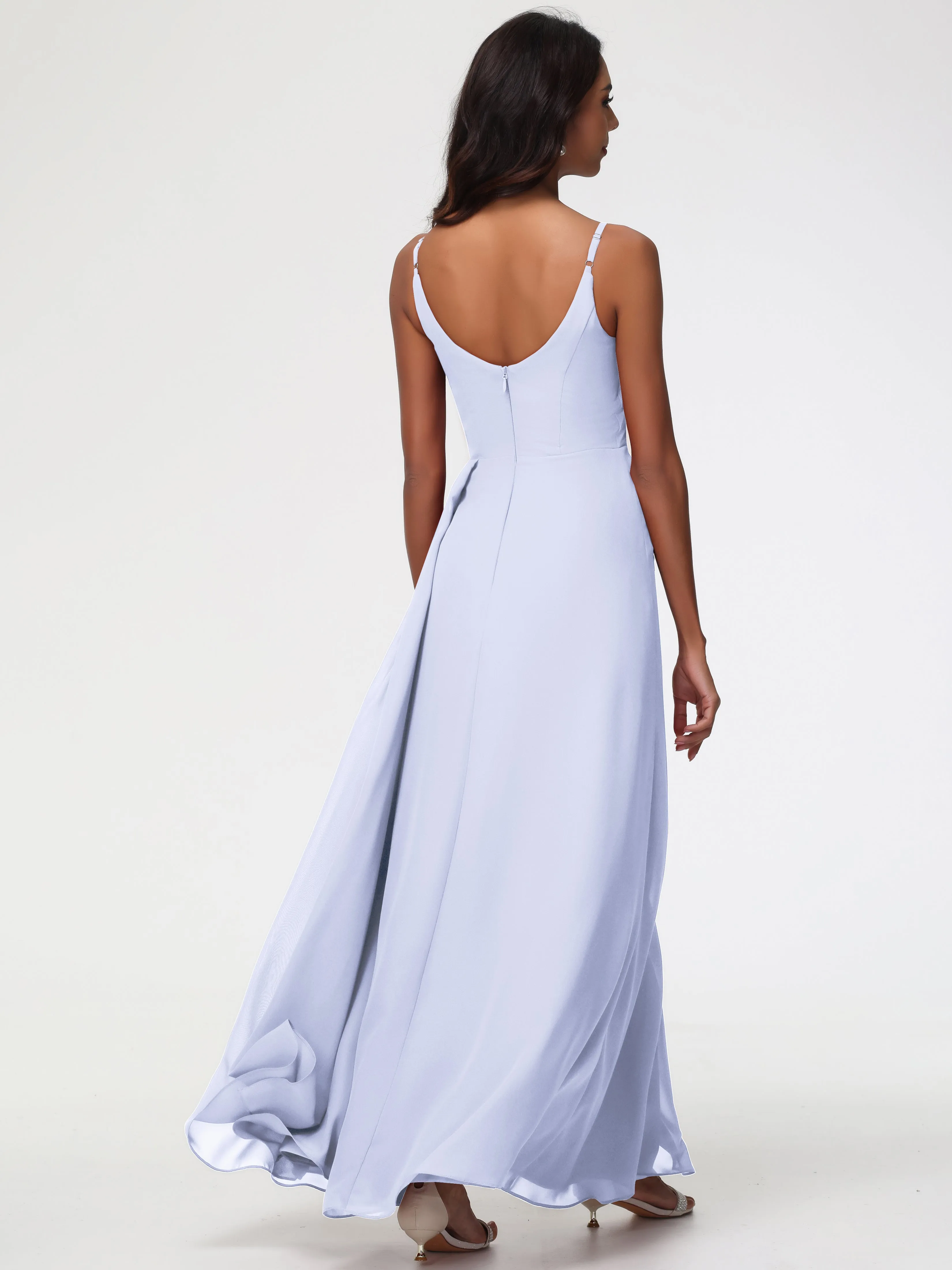 Chiffon Lavender Bridesmaid Dresses A-Line V-Neck Spaghetti Straps Ruched Chiffon Bridesmaid Dresses With Slit