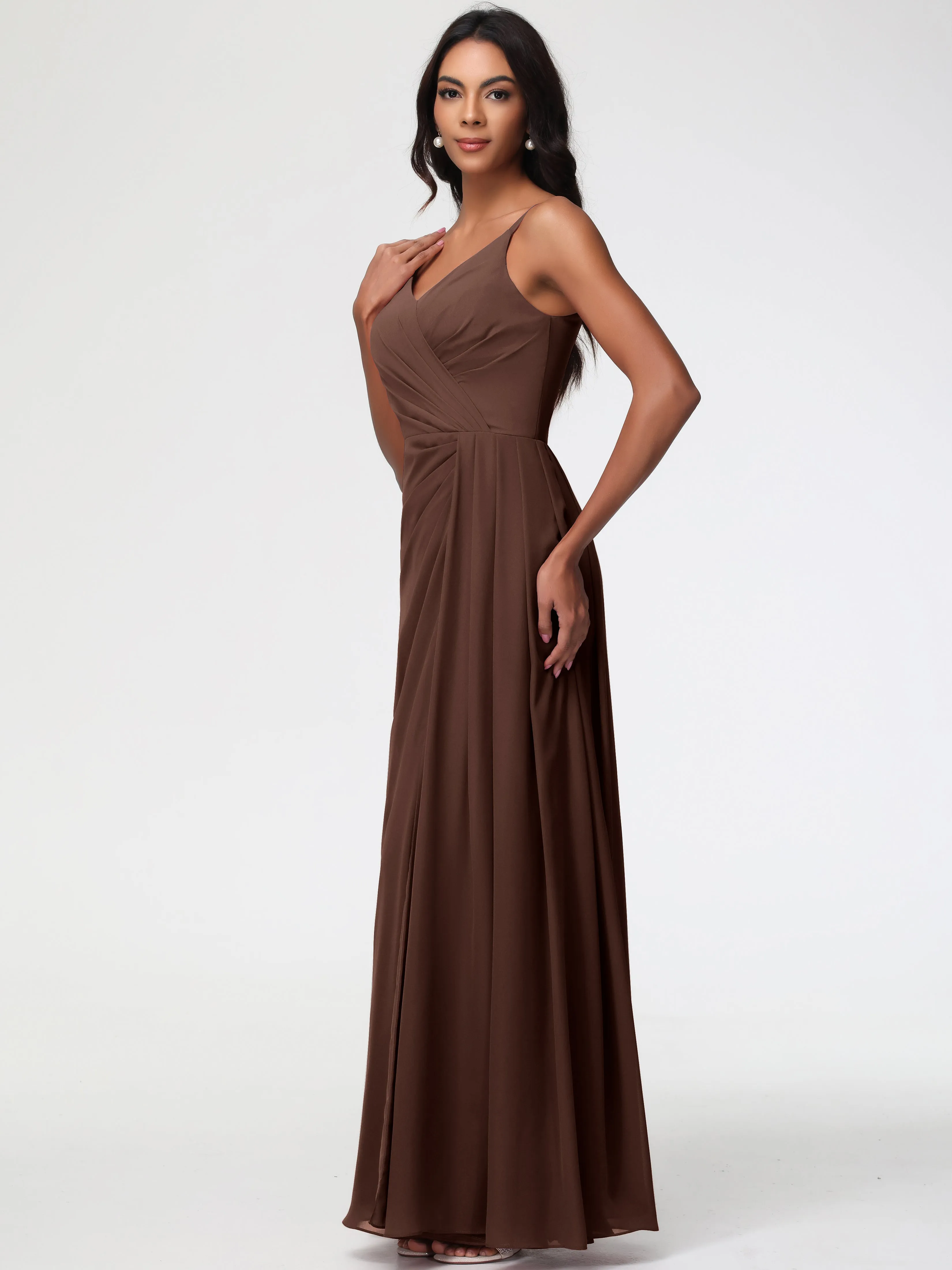 Chocolate Brown Bridesmaids Dresses A-Line V-Neck Spaghetti Straps Ruched Chiffon Bridesmaid Dresses With Slit