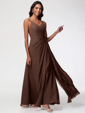 Chocolate Brown Bridesmaids Dresses A-Line V-Neck Spaghetti Straps Ruched Chiffon Bridesmaid Dresses With Slit