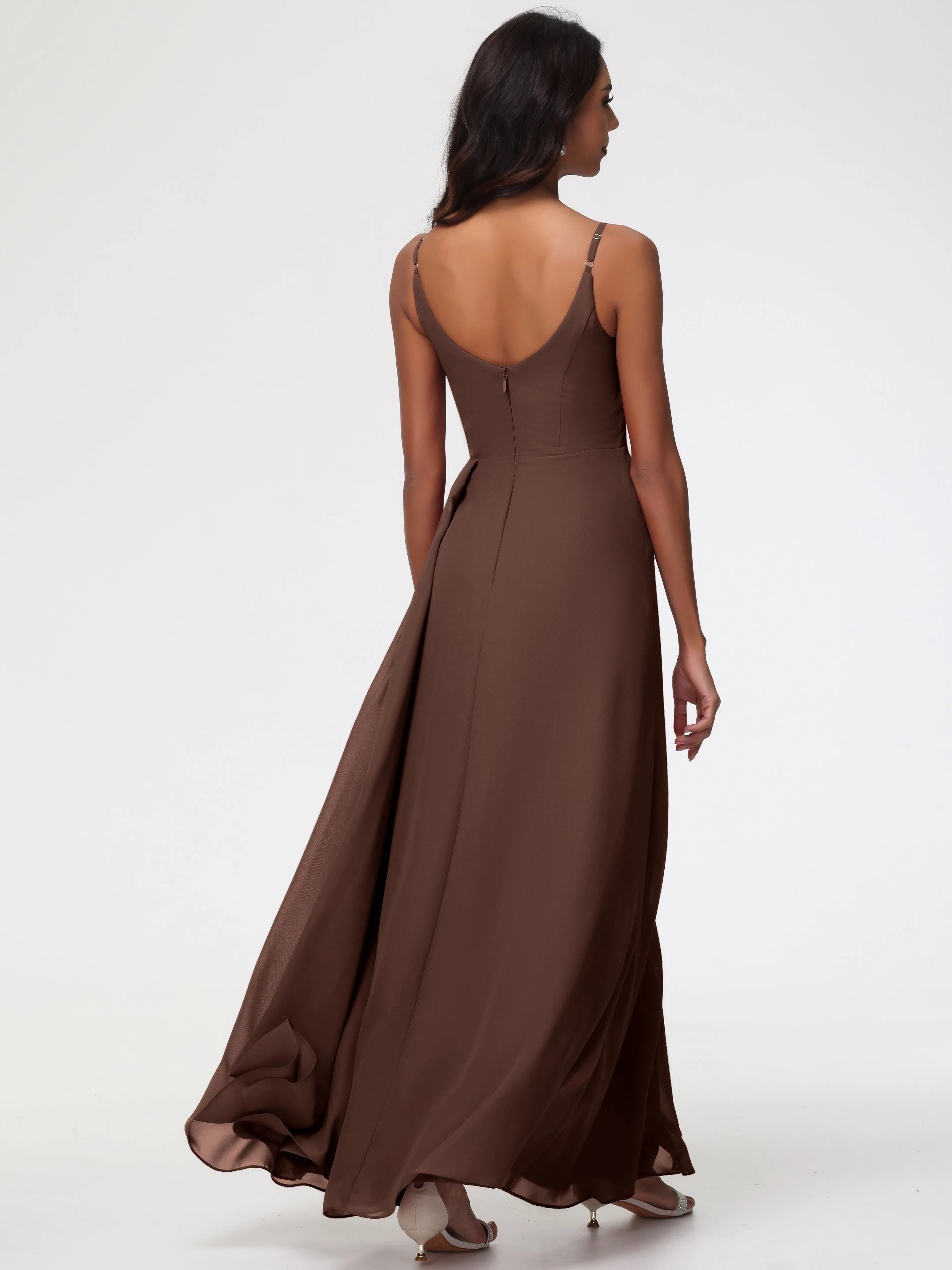Chocolate Brown Bridesmaids Dresses A-Line V-Neck Spaghetti Straps Ruched Chiffon Bridesmaid Dresses With Slit