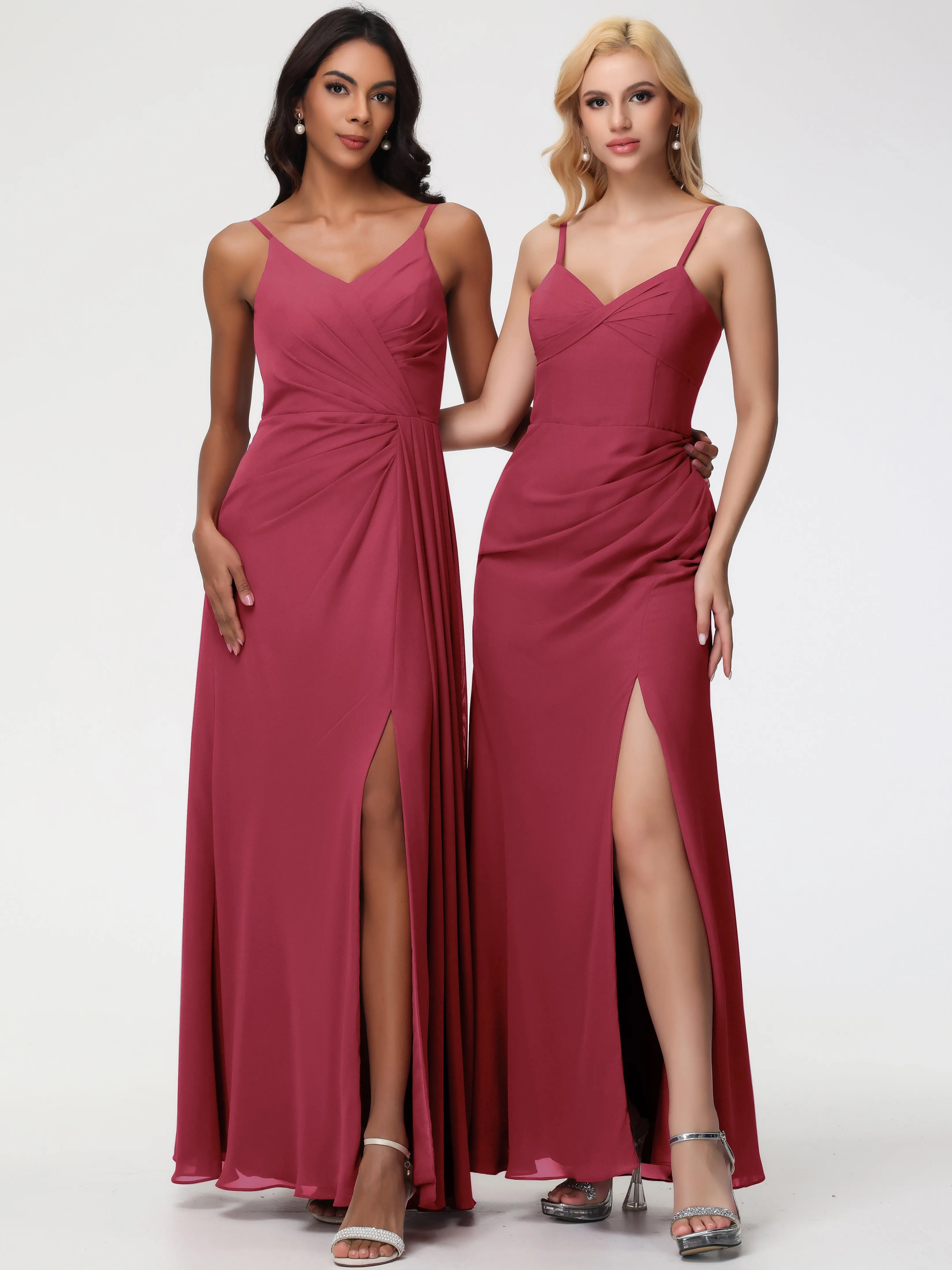 Cinnamon Bridesmaids Dresses A-Line V-Neck Spaghetti Straps Ruched Chiffon Bridesmaid Dresses With Slit