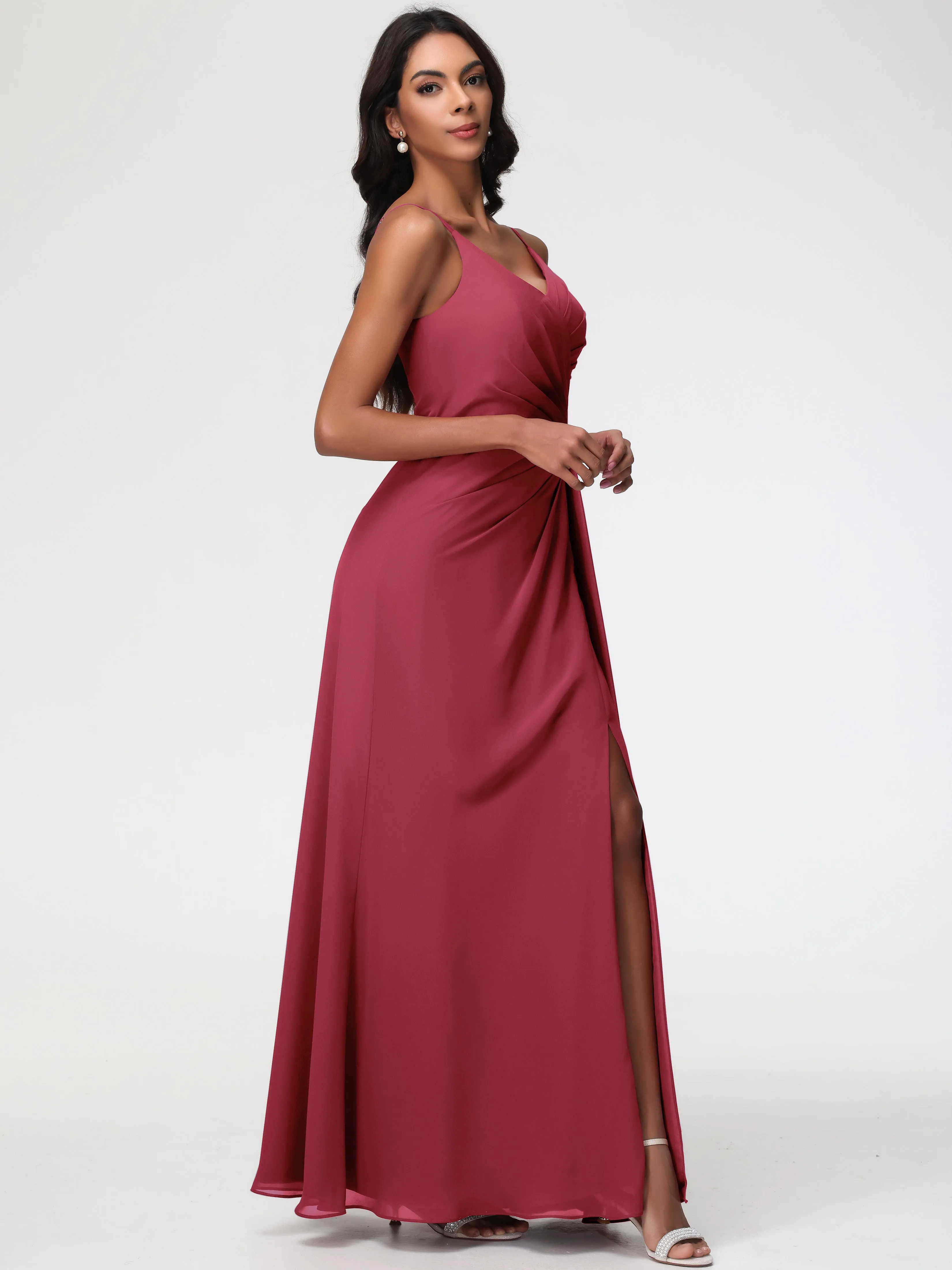 Cinnamon Bridesmaids Dresses A-Line V-Neck Spaghetti Straps Ruched Chiffon Bridesmaid Dresses With Slit