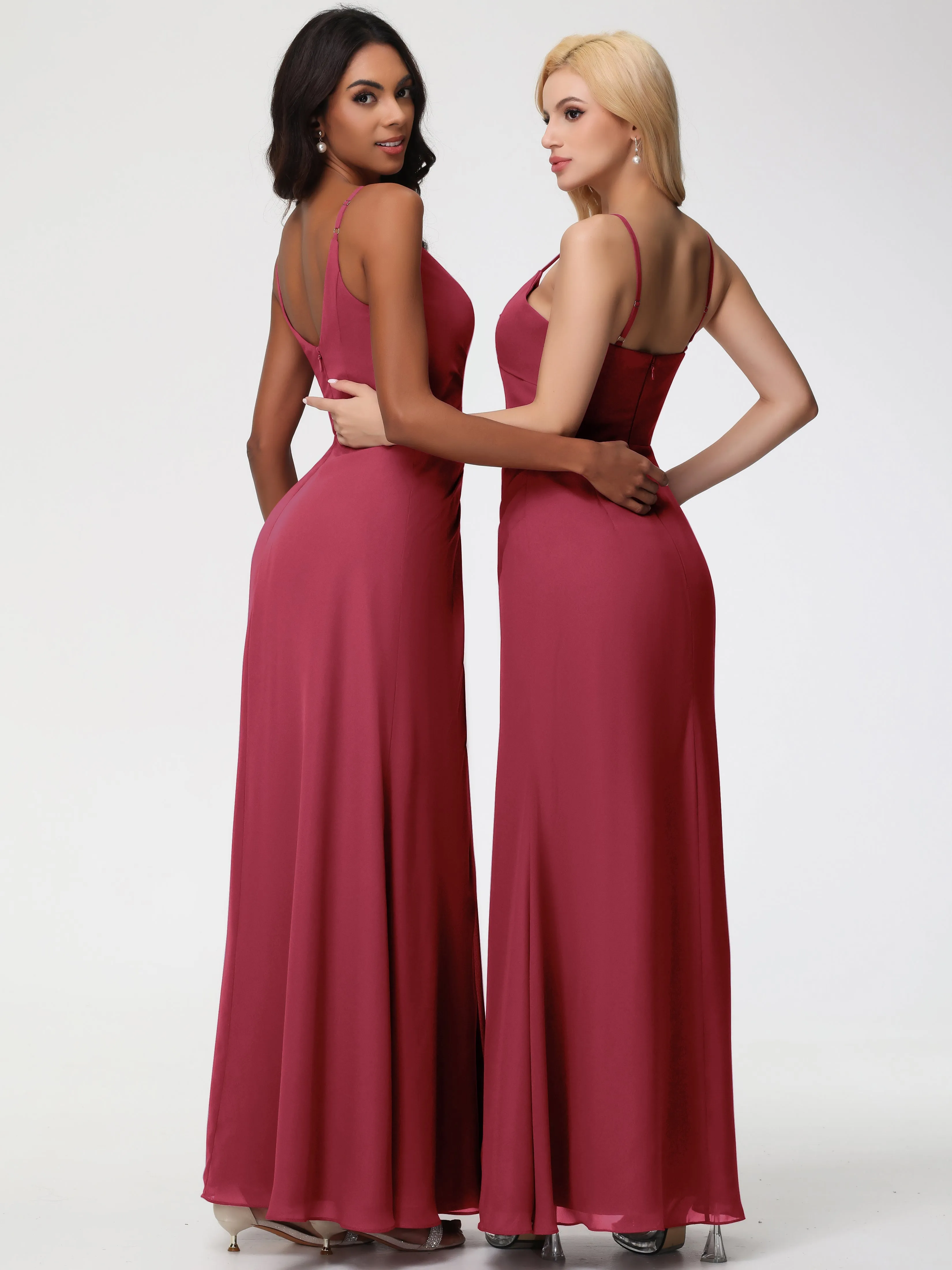 Cinnamon Bridesmaids Dresses A-Line V-Neck Spaghetti Straps Ruched Chiffon Bridesmaid Dresses With Slit