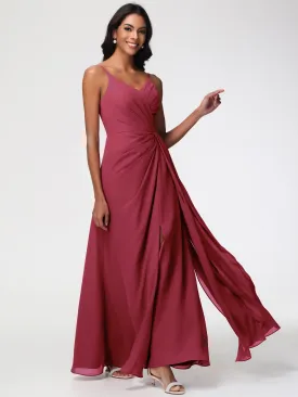 Cinnamon Bridesmaids Dresses A-Line V-Neck Spaghetti Straps Ruched Chiffon Bridesmaid Dresses With Slit