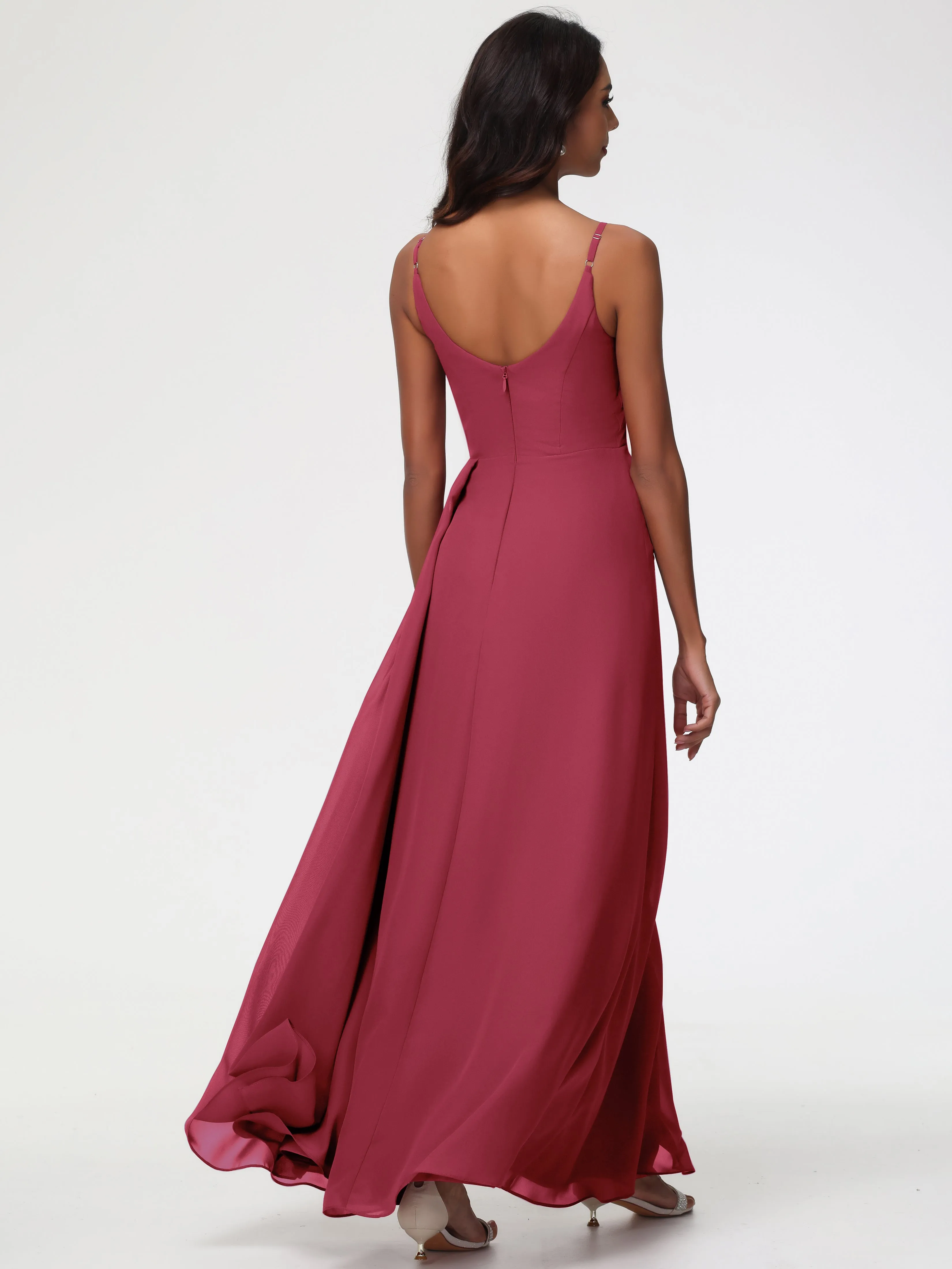 Cinnamon Bridesmaids Dresses A-Line V-Neck Spaghetti Straps Ruched Chiffon Bridesmaid Dresses With Slit