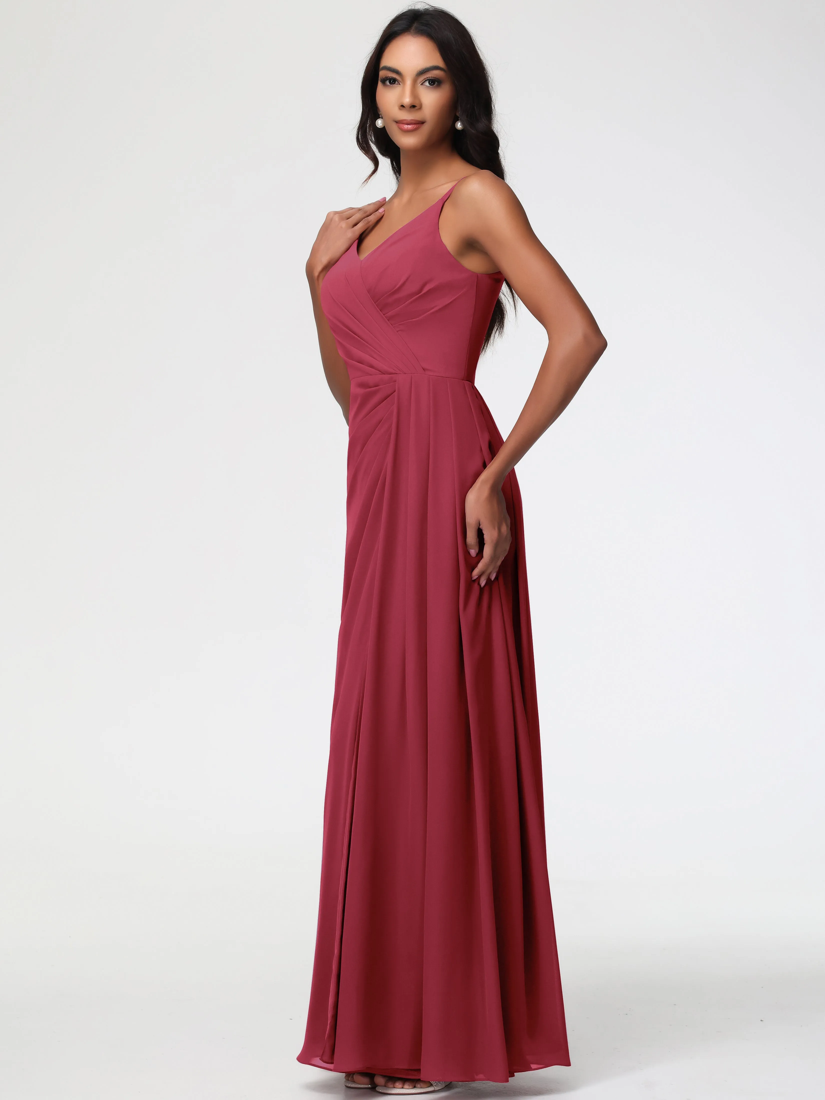 Cinnamon Bridesmaids Dresses A-Line V-Neck Spaghetti Straps Ruched Chiffon Bridesmaid Dresses With Slit