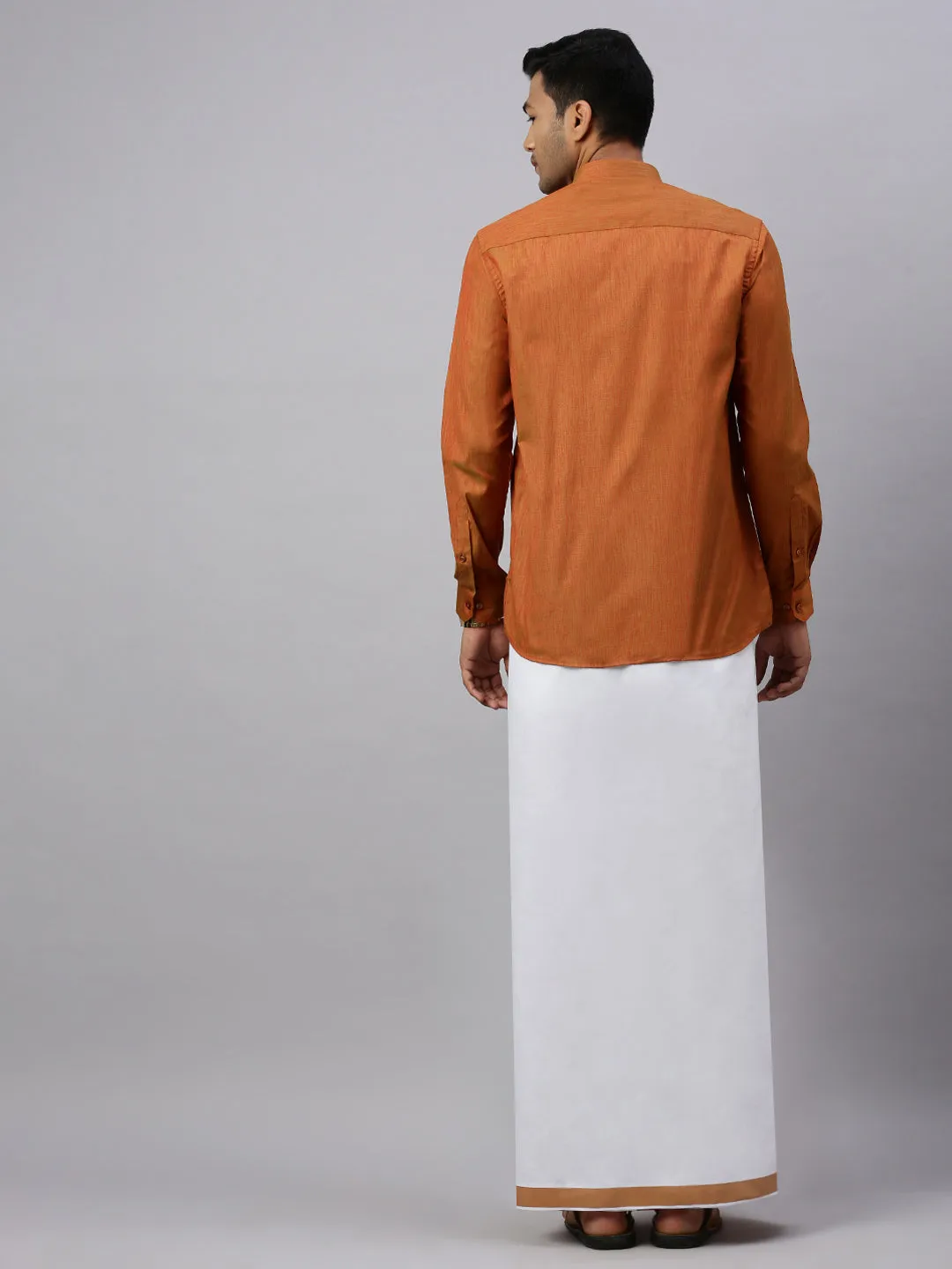 Elegant Couple Combo: Full Sleeves Shirt with Dhoti & Orange Saree Set