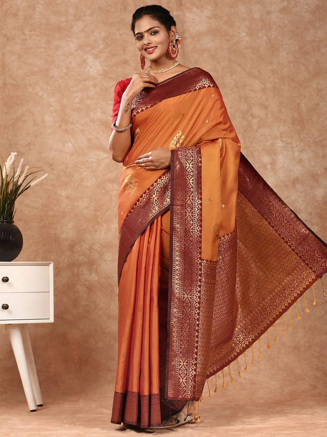 Elegant Couple Combo: Full Sleeves Shirt with Dhoti & Orange Saree Set