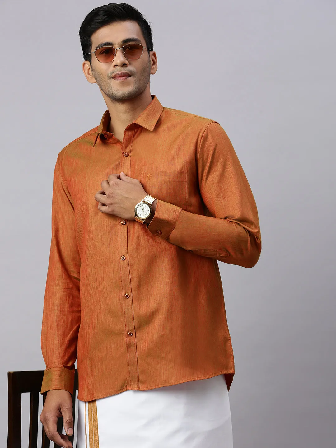 Elegant Couple Combo: Full Sleeves Shirt with Dhoti & Orange Saree Set