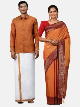 Elegant Couple Combo: Full Sleeves Shirt with Dhoti & Orange Saree Set