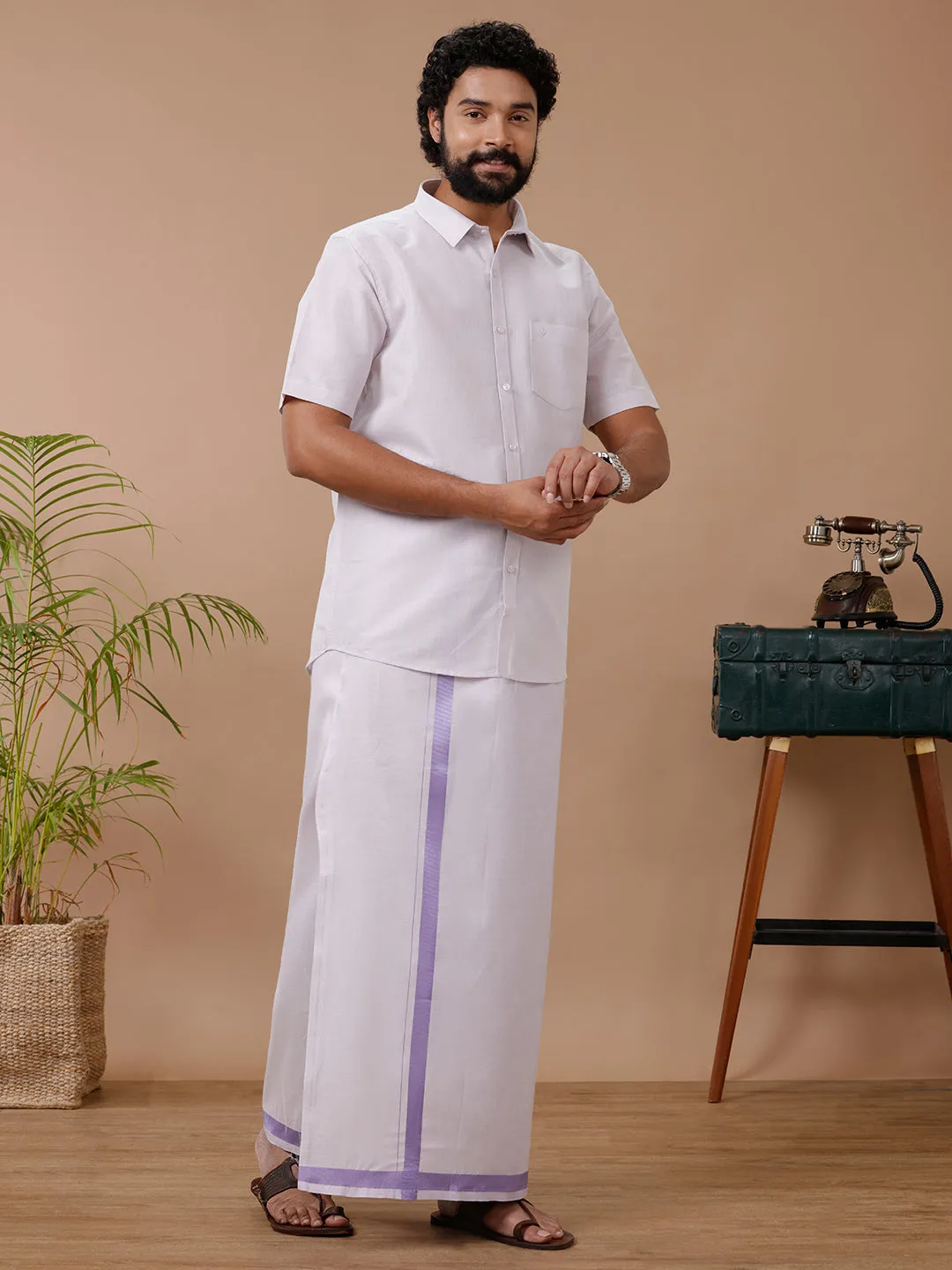 Couple Combo Half Sleeves Shirt Dhoti & Saree with Jari Border KS94