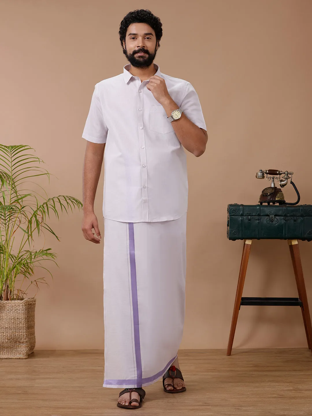 Couple Combo Half Sleeves Shirt Dhoti & Saree with Jari Border KS94