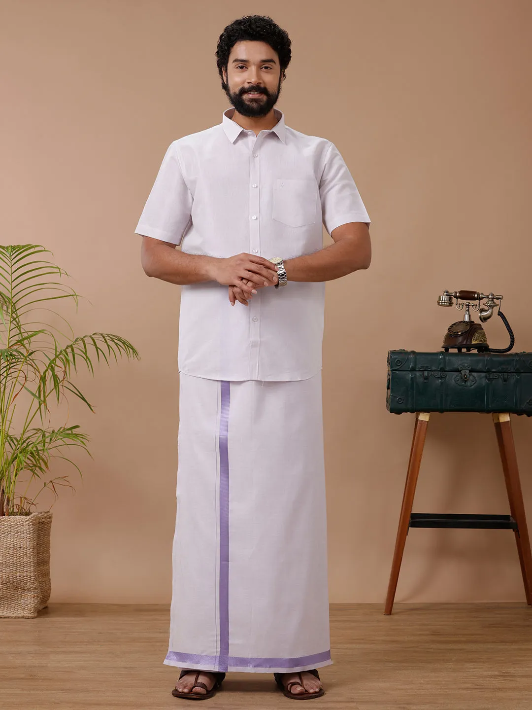 Couple Combo Half Sleeves Shirt Dhoti & Saree with Jari Border KS94