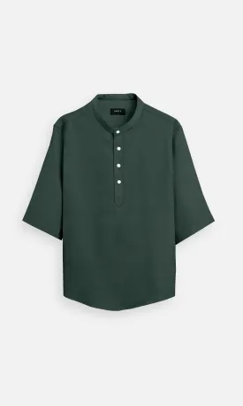 Deep Forest Green Plain Pure Linen Kurta Style Shirt - AddysForMen