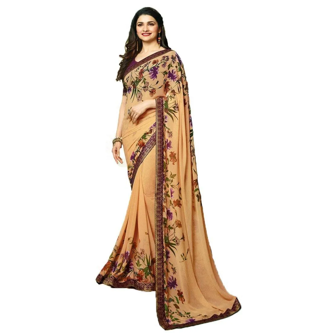 Demanding Peach Colored Casual Wear Printed Georgette Saree
