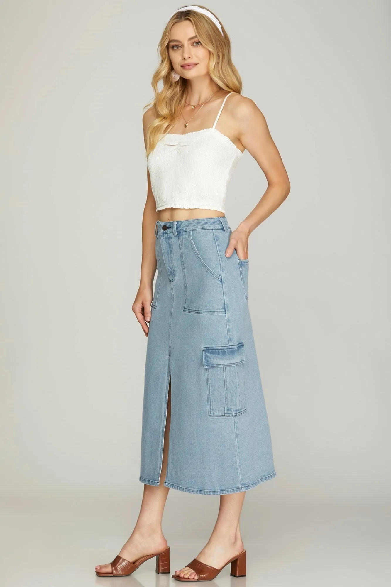 Denim Cargo Midi Skirt