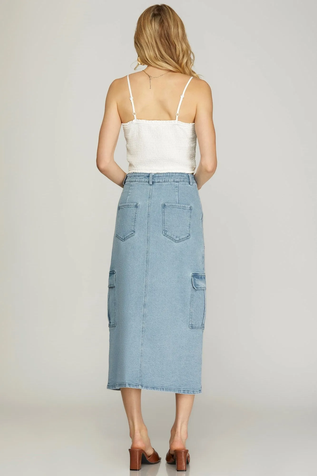 Denim Cargo Midi Skirt