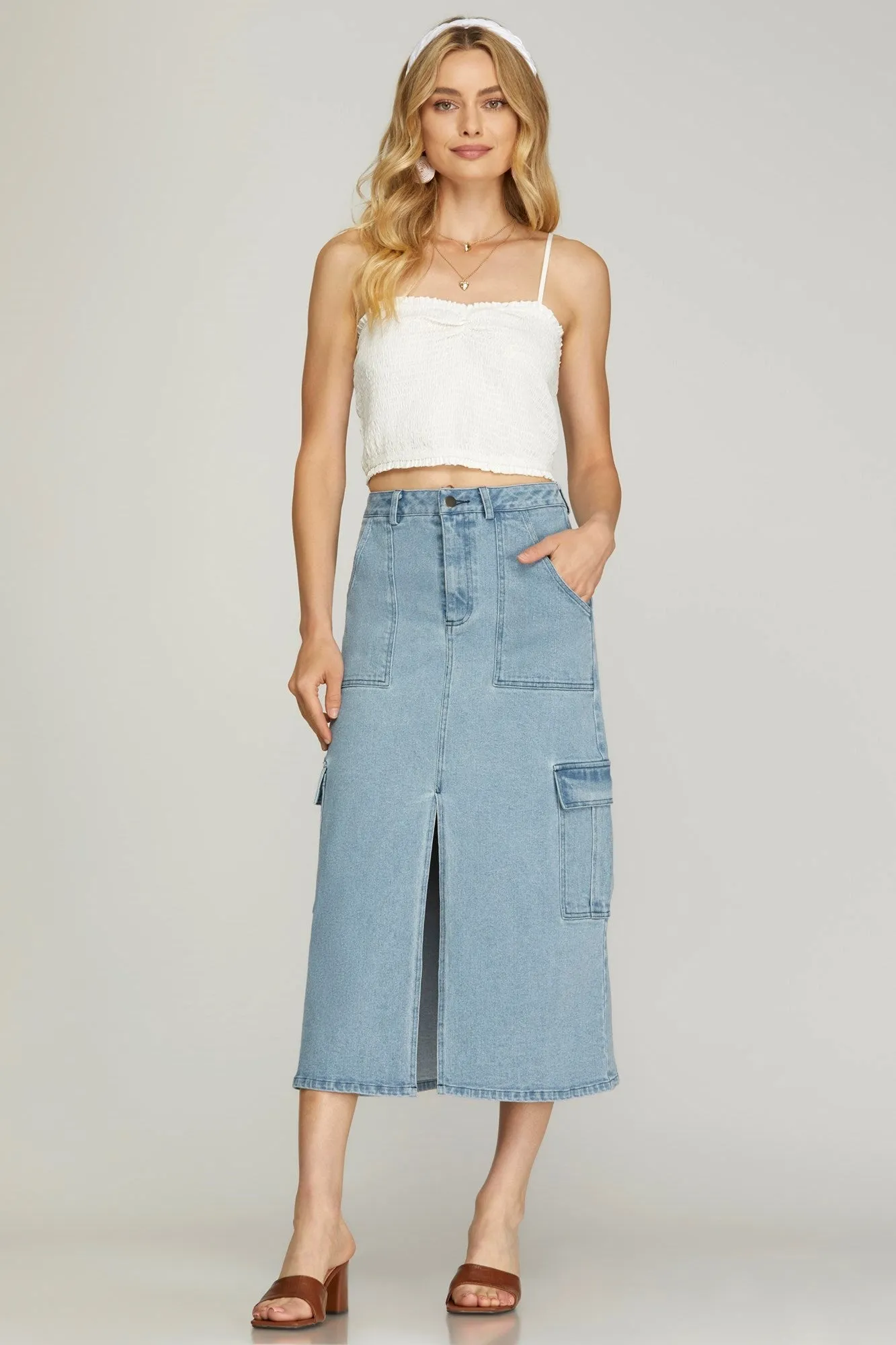 Denim Cargo Midi Skirt