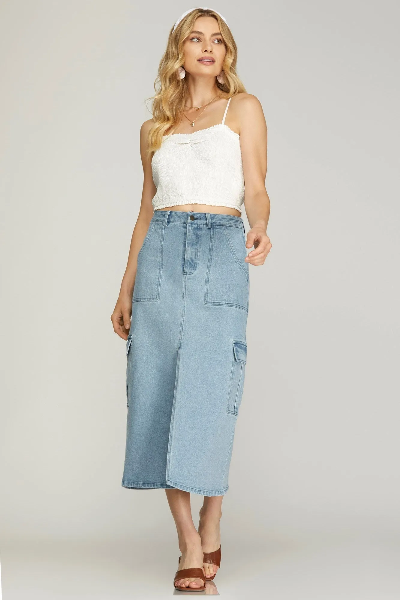 Denim Cargo Midi Skirt