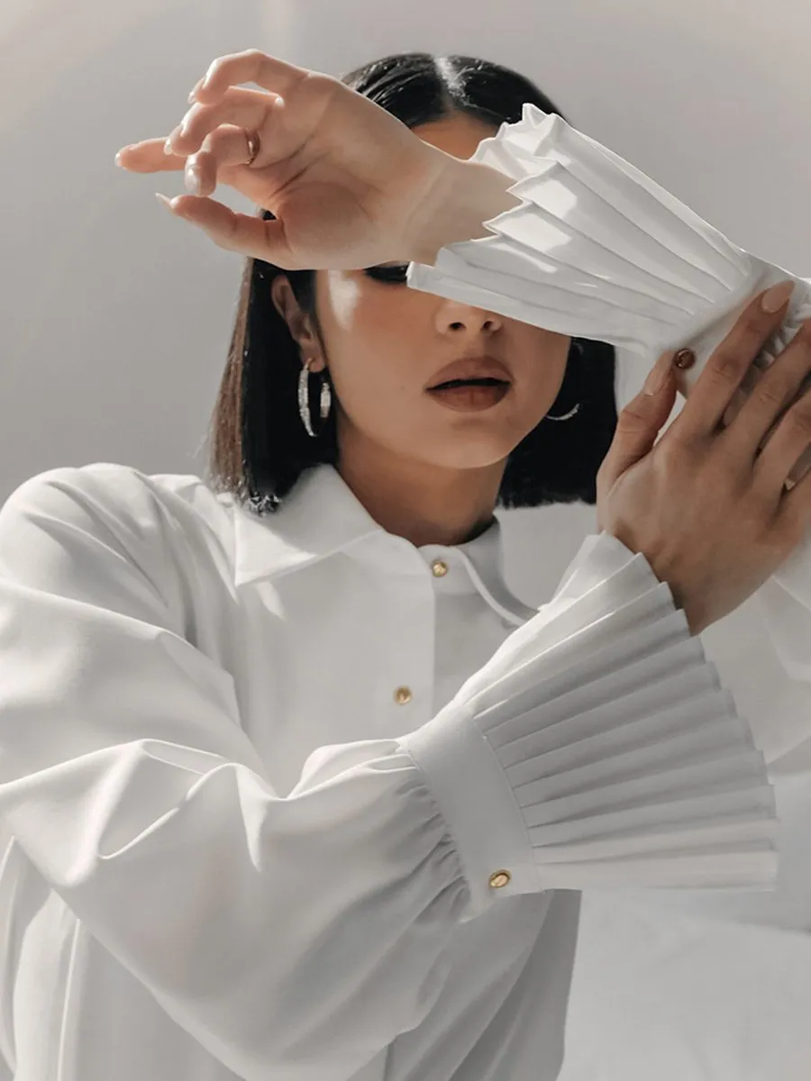 Elegant Pleated Cuff White Blouse