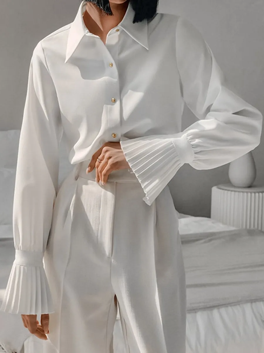Elegant Pleated Cuff White Blouse