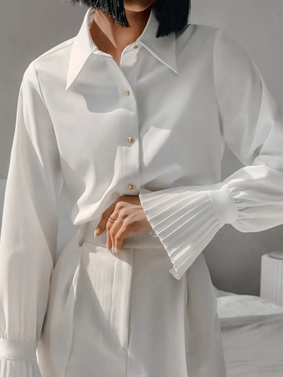 Elegant Pleated Cuff White Blouse
