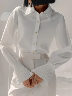 Elegant Pleated Cuff White Blouse