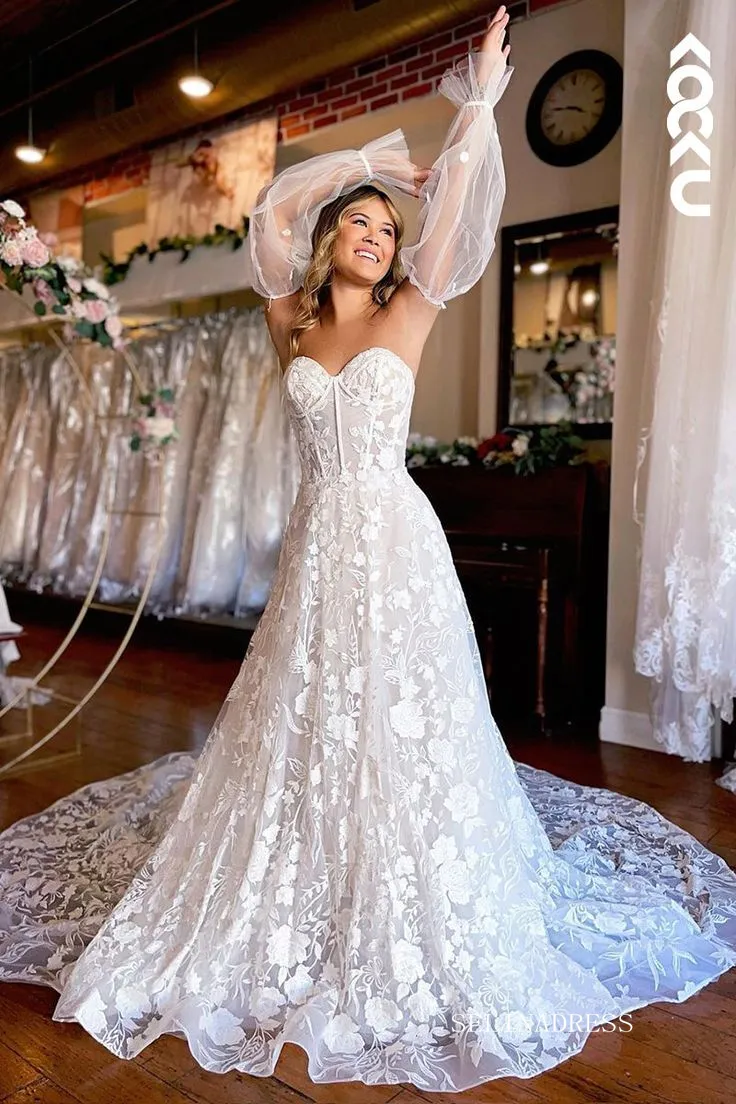 Elegant Sweetheart Floral Lace White Wedding Dresses With Detachable Sleeves Wedding Gowns EWR808
