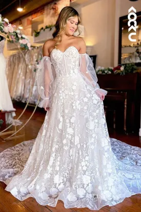 Elegant Sweetheart Floral Lace White Wedding Dresses With Detachable Sleeves Wedding Gowns EWR808