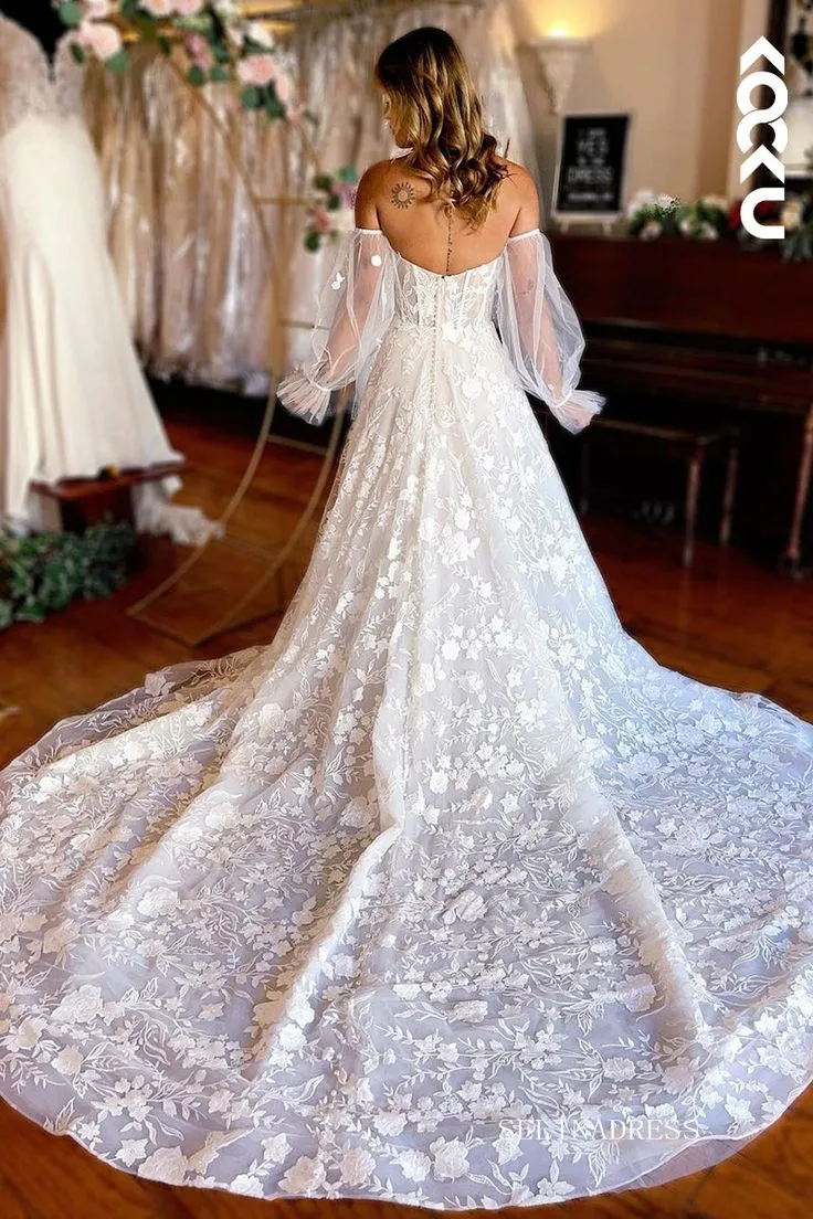 Elegant Sweetheart Floral Lace White Wedding Dresses With Detachable Sleeves Wedding Gowns EWR808