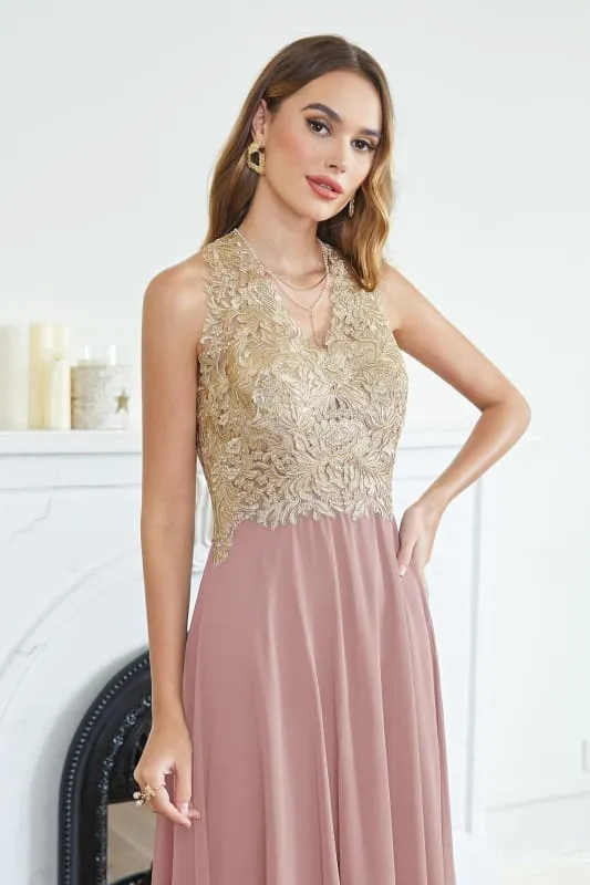 Elegant V-Neck Chiffon Long Evening Dress Sleeveless Gold Appliques Aline Special Occasion Dress