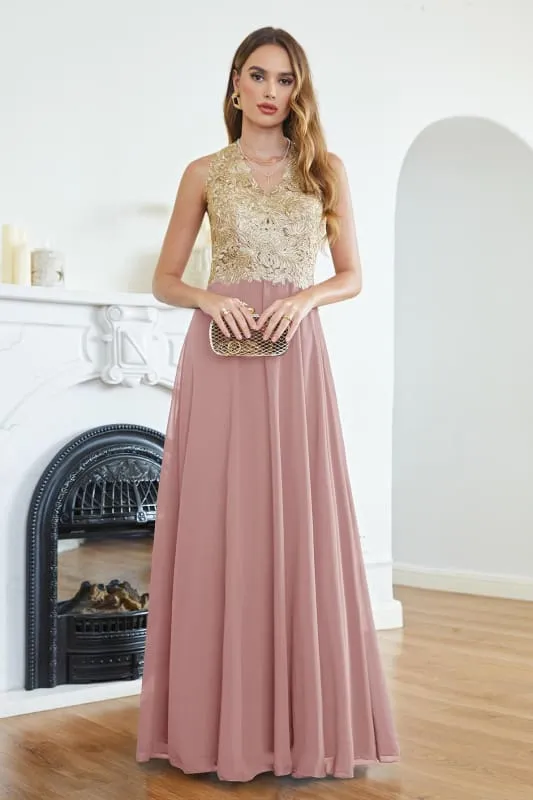Elegant V-Neck Chiffon Long Evening Dress Sleeveless Gold Appliques Aline Special Occasion Dress