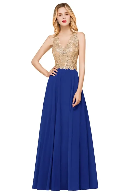 Elegant V-Neck Chiffon Long Evening Dress Sleeveless Gold Appliques Aline Special Occasion Dress